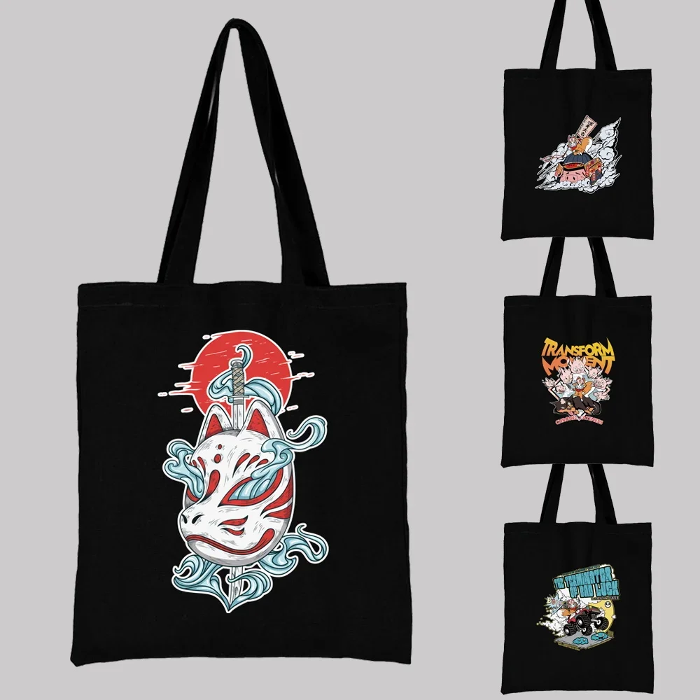 

New Women's Black Shopping Bag Casual Large-capacity Reusable Firefox Mask Pattern Printed Canvas Shoulder Bag Student Handbag