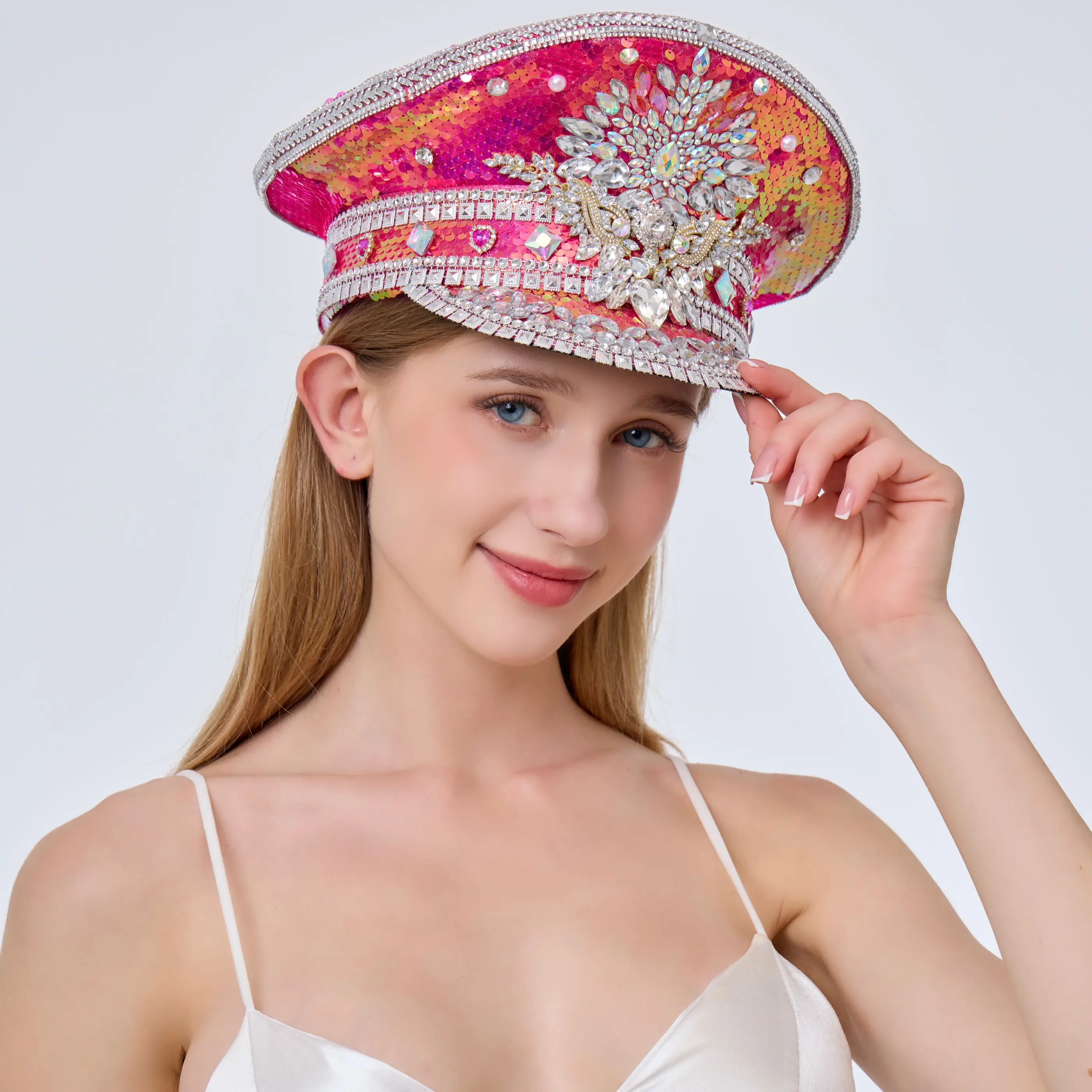 

HongLuan блестящая розовая дискотека на День святого Валентина шляпа капитана со стразами для карнавала, рейв-фестивали, аксессуары и вечерние шляпа для женщин