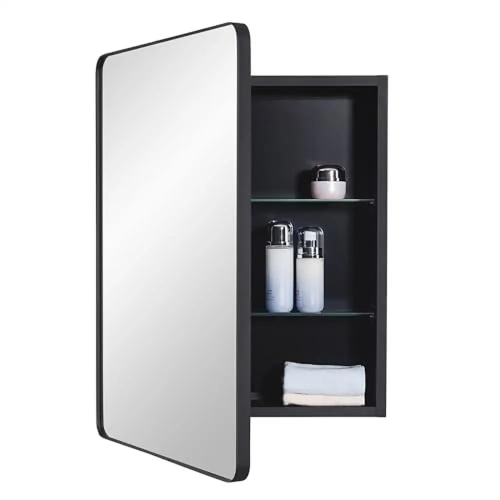 Black Bathroom Mirror Cabinet Round Corner Framed Door Adjustable Glass Shelves Soft Close Hinge 20x26 inch Surface Mount