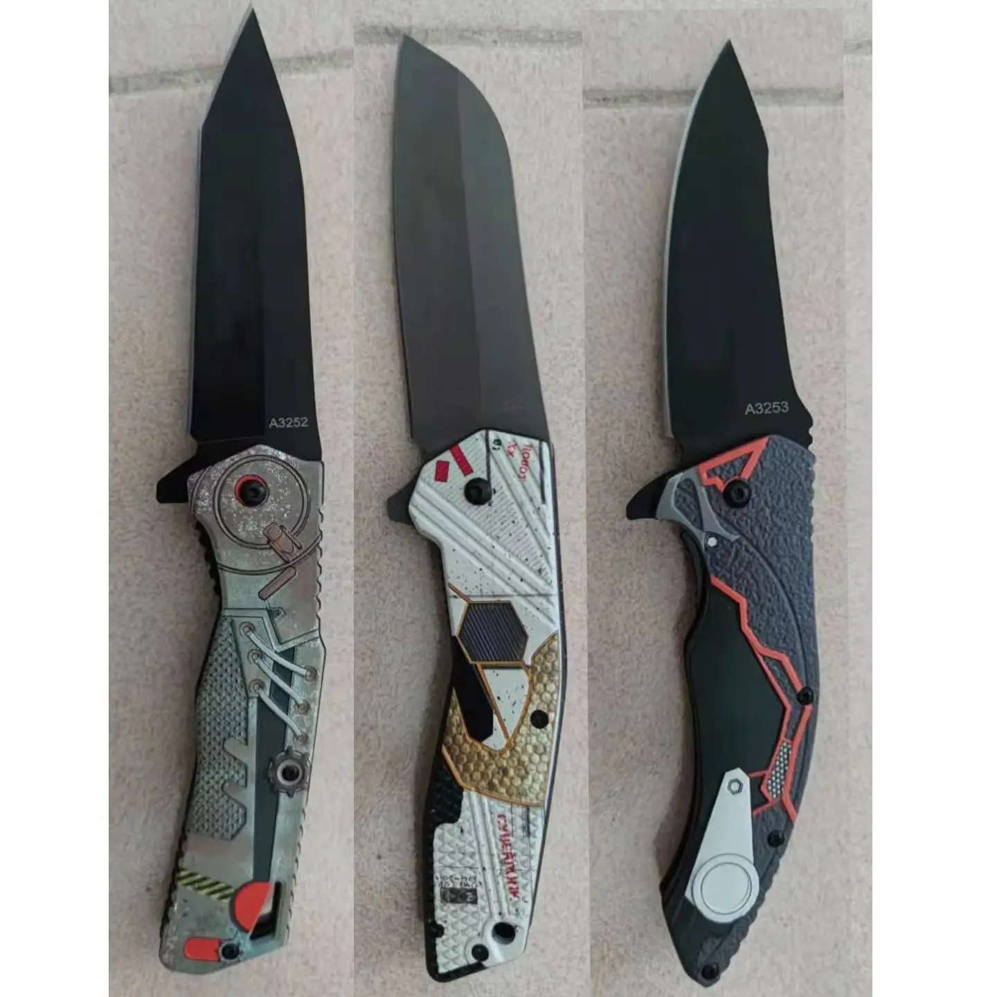 

Tactical Fold Blade Knife - Survival Folding Pocket 3D Handle Fun Stainless Steel Blade - 3 Style EDC Utility Fruit Knives