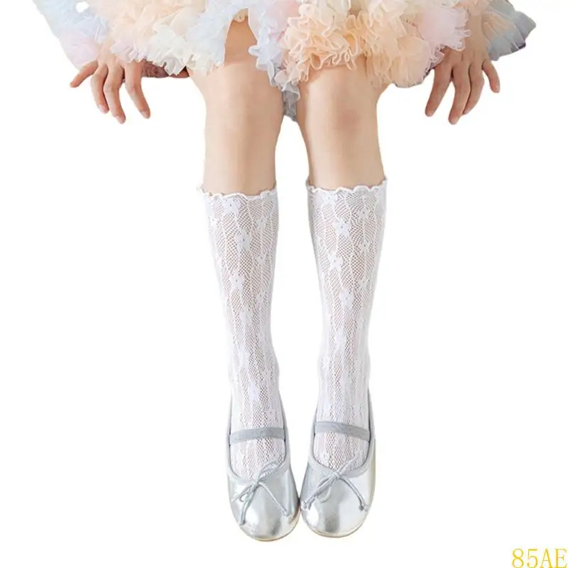 85AE 1 Pair Children's Socks Spring/Summer Thin Hollowed Out Flower Mesh Socks Sweet Girls Stackable Stocking