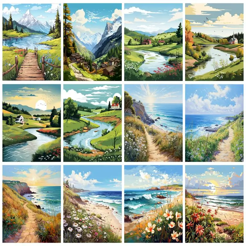 PhotoCustom Diy Painting By Numbers Coast Acrylic Paint On Canvas Modern Landscape Picture By Numbers For Adults