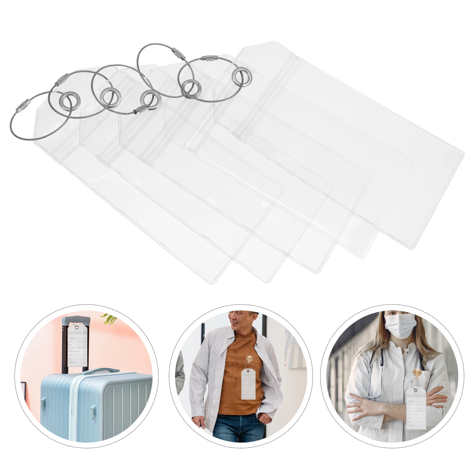 

5pcs Waterproof Clear Luggage Tags Pvc Id Card Holders With Steel Ring For Travel Cruise Outdoor Activities Key Cards Cash