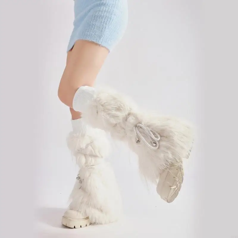 W0YA ผู้หญิง Harajuku Ribbed Cuffs Plush ขาอุ่นกับ TIES ผ้าพันคอ Furry BOOT ครอบคลุมแขนขาบานถุงเท้าไม่มีเท้า