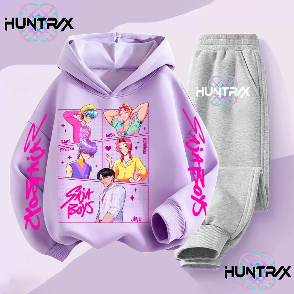 

Новый детский свитер с капюшоном - K-pop Demon Hunter Girl, милый повседневный топ для детей, спортивная рубашка с мультяшным принтом, 2 предмета