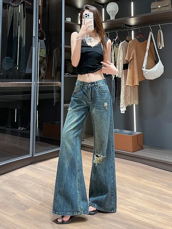 

Low Waist Wide Leg Denim Jeans Trendy Hole Design Summer New Women Loose Slimming Floor-Length Pants Spicy Girl Fashionable