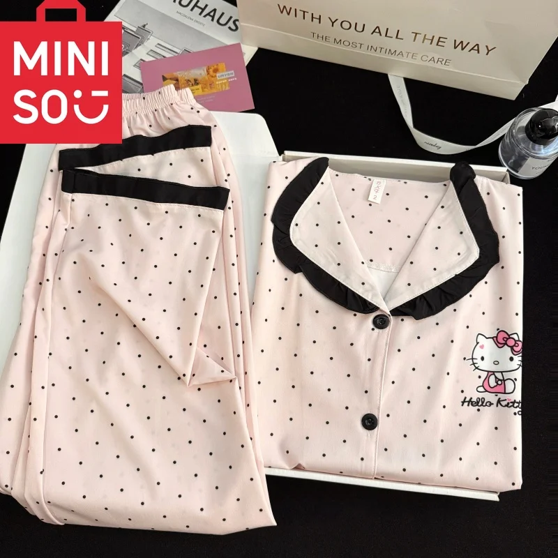 الكورية نمط مرحبا كيتي ملابس خاصة مجموعة النساء 2025 جديد لطيف دوت طباعة منامة طويلة الأكمام المتسكعون مطابقة الأسرة منامة نقطة