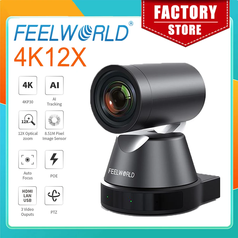 

FEELWORLD 4K12X 12X Optical Zoom AI 4K PTZ Camera Tracking HDMI USB IP Remote Control