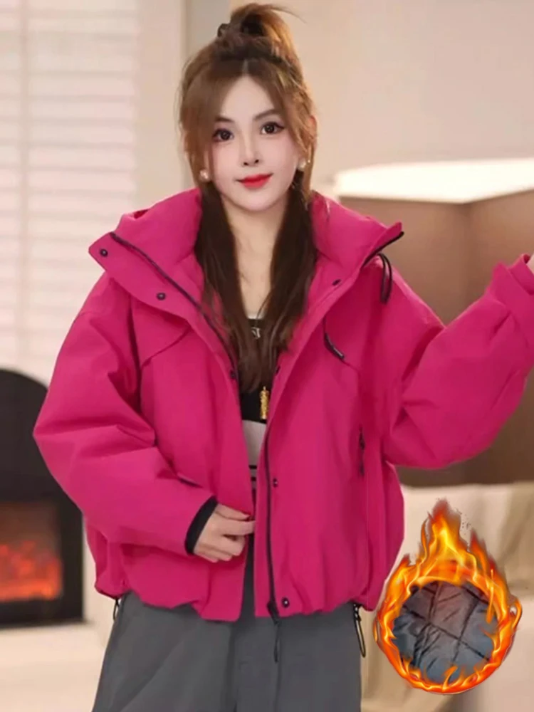 

Женская утепленная хлопковая куртка 2026: Новая модная повседневная свободная теплая рабочая куртка с капюшоном в корейском стиле, прямого кроя