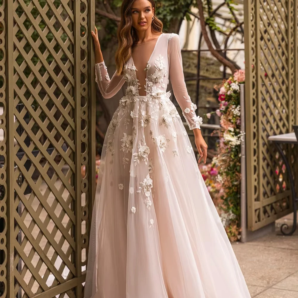 Customized Handmade 3D Floral Vneck Wedding Dress Illusion Long Sleeve Bridal Gown 2026 Customized A-line Long Bridal Gown