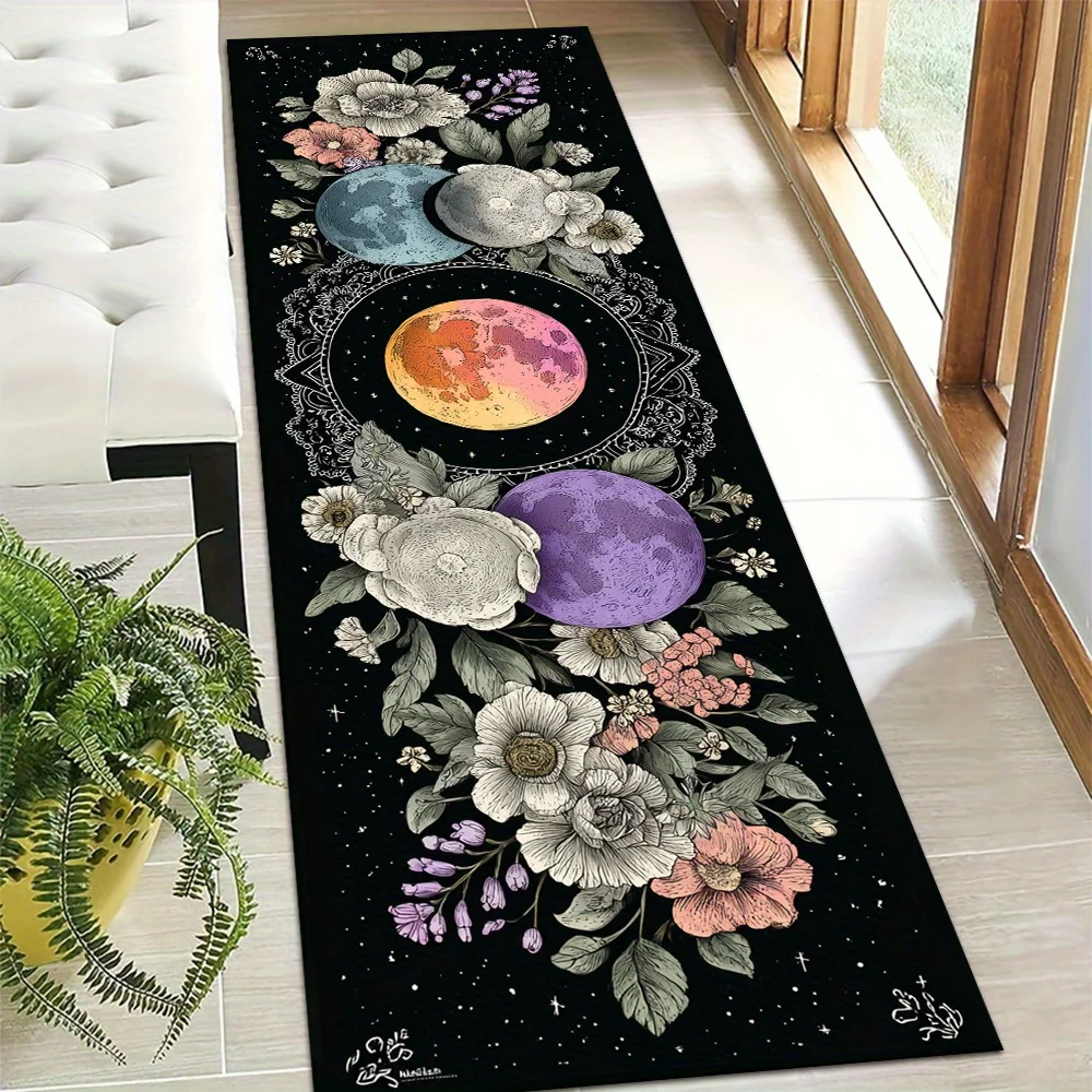 Gothic Witchcraft Runner Rug Moon Phase Floral Art Carpet For Hallway Luxury Bedroom Bedside Kitchen Office Long Floor Mat Gift