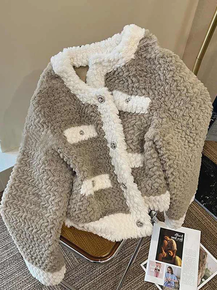 Jmprs Patchwork Women Faux Lamb Coat Winter Warm Long Sleeve Vintage Jackets Korean Loose Casual Female Elegant Retro Thick Tops