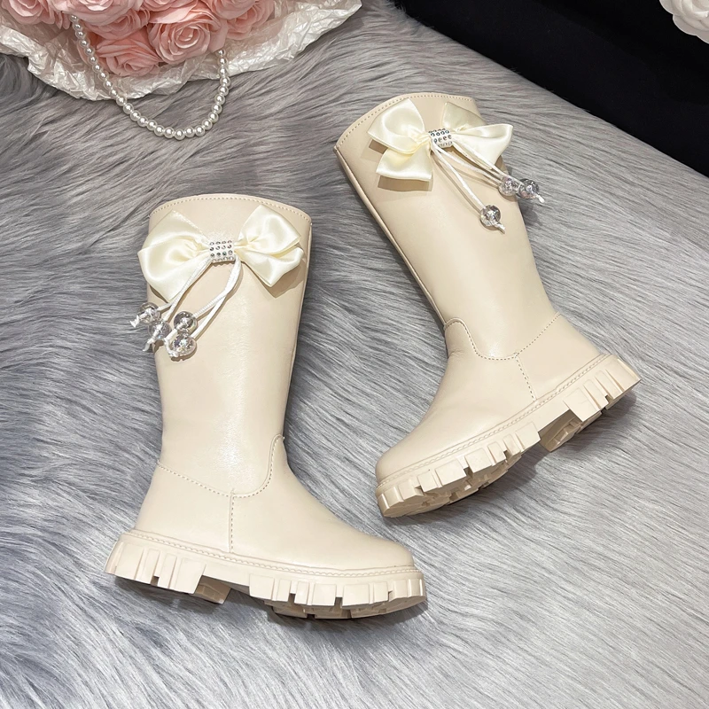 Baby Winter Sweet Girls Crystal Round Toe Cute Catwalk Boots Tall Square Heels Kids Bow Soft Shoes Elegant ZIP Banquet