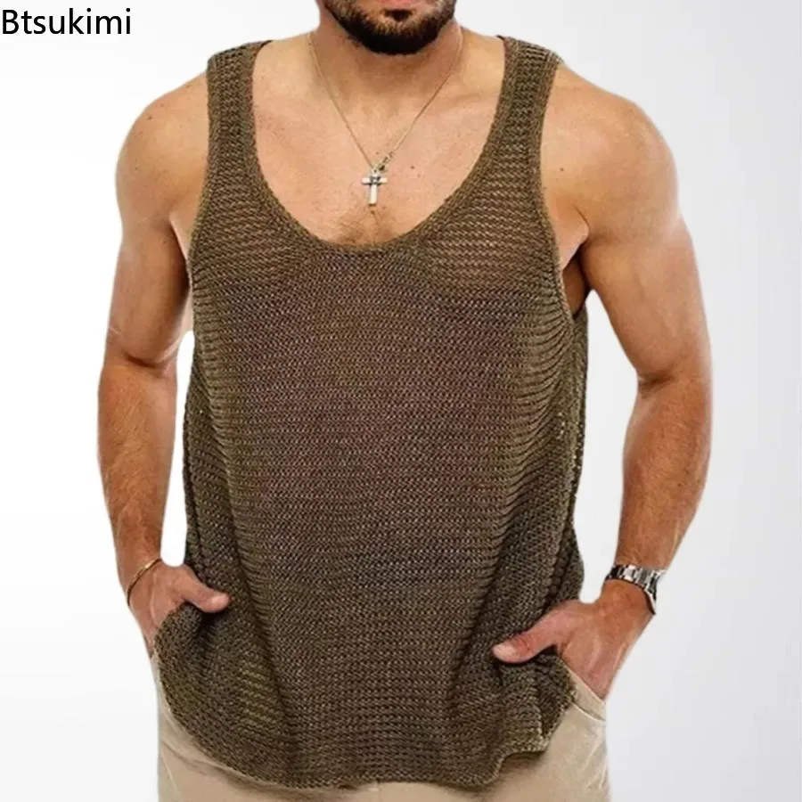 New Men's Summer Tank Tops Loose Knit Sports Vest Fashion Solid 100% Viscose Sleeveless Male T-shirt Breathable Mesh Sports Top