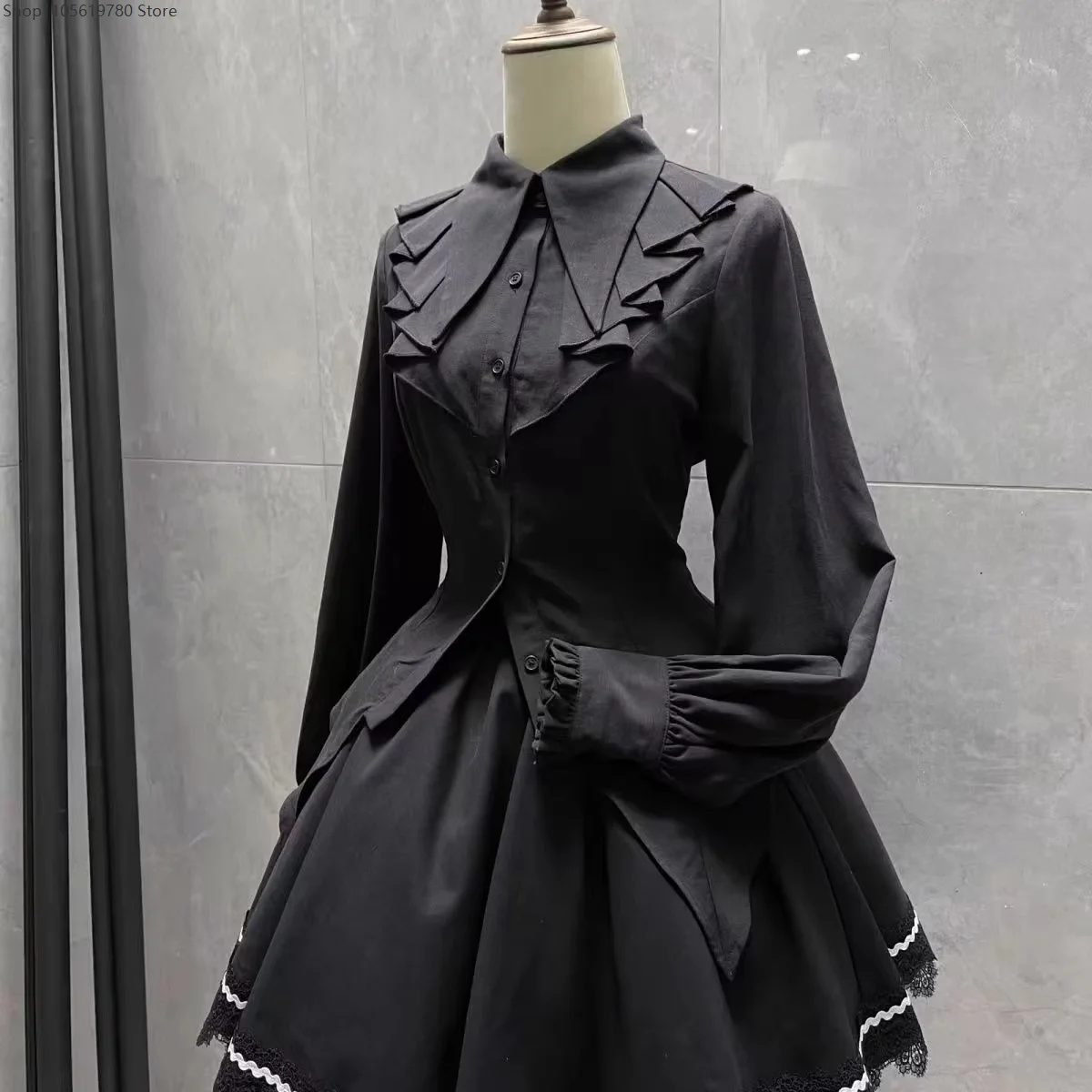 Blusa de cosplay de manga larga con cuello de solapa para mujer, camisa victoriana con volantes y corte en cola, vestido festivo en blanco y negro para cosplay
