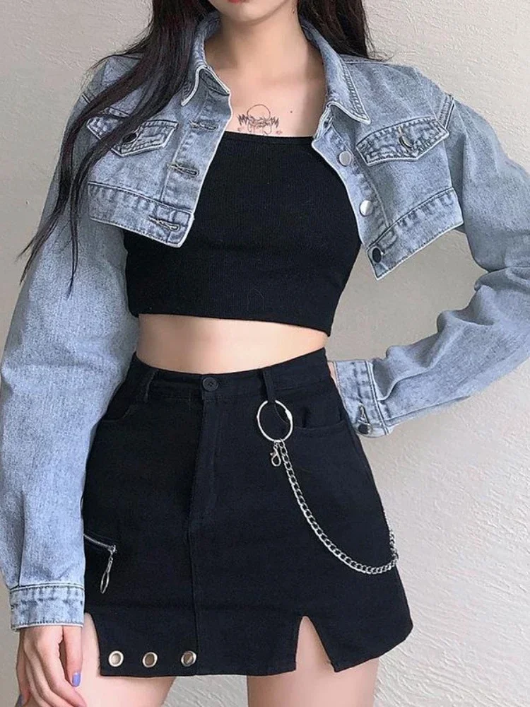 Vintage Langarm Crop Denim Jacke Frauen 2024 Mode Jeans Bomber Jacken Cardigan Mantel Frühling Casual Mäntel Kleidung