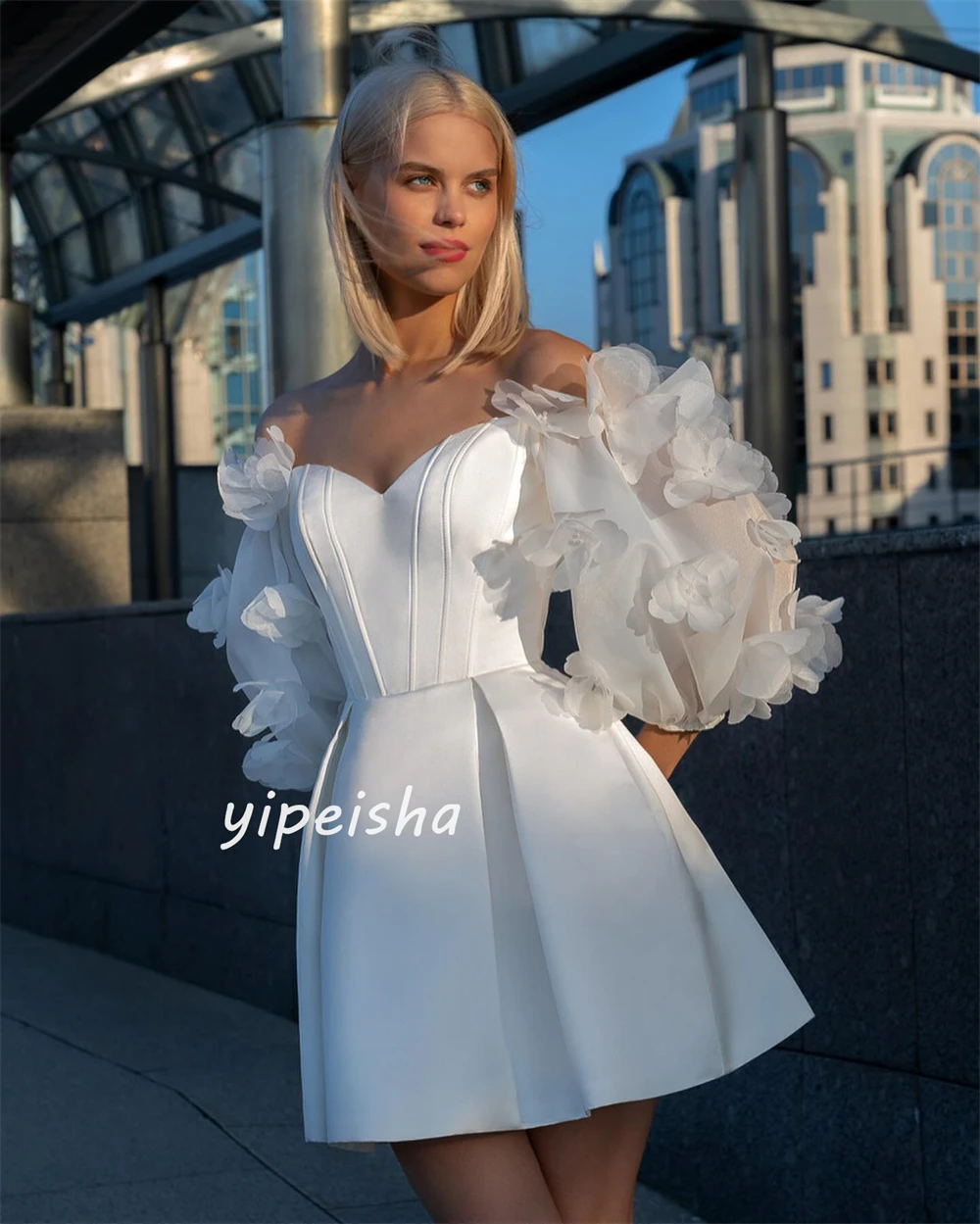 Customized Sexy Chinese Style Jersey Handmade Flower Pleat Ruched Draped A-line Off-the-shoulder Short Dresses Celebrity Dresses