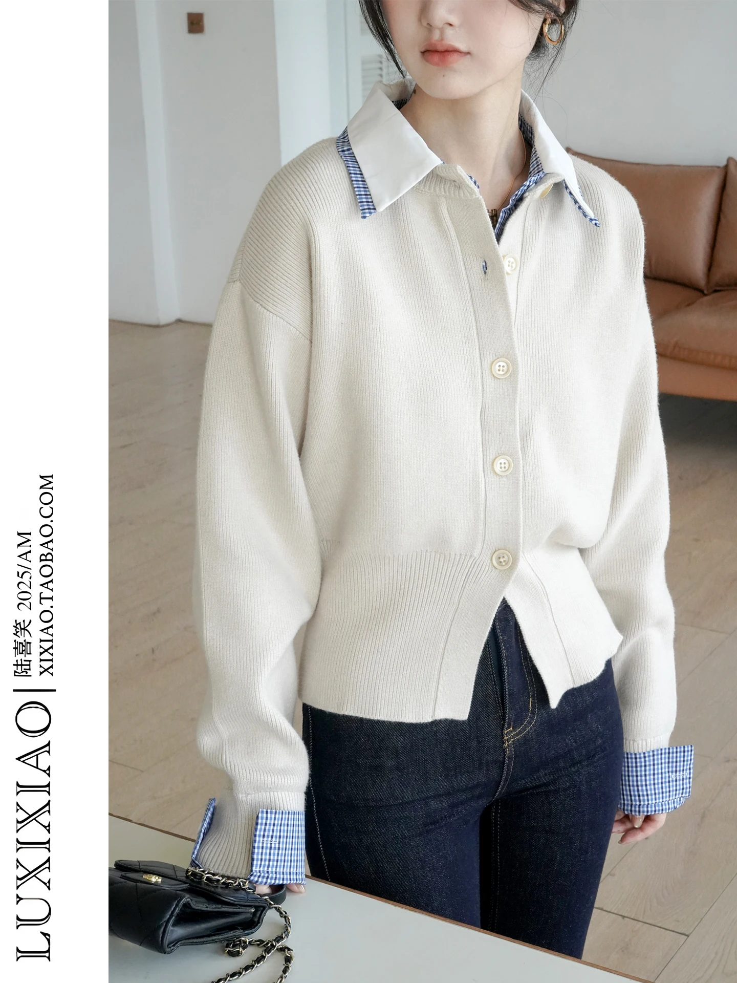 

LUXIXIAO Women's Thiened Loose Knitted Sweater Collar Fake Two-Piece Design Autumn Winter Outerwear Korean Sle