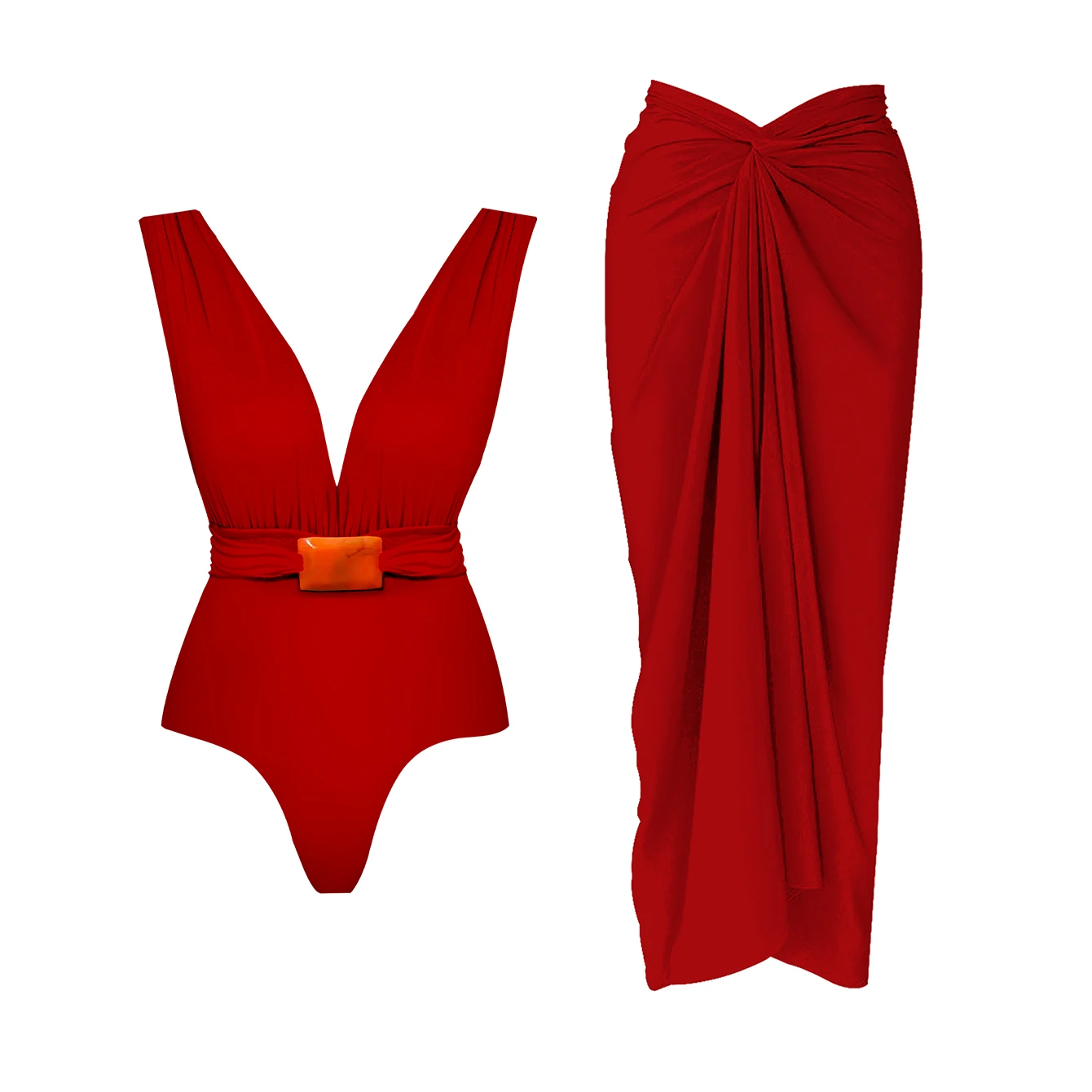2Piece Deep V Swimsuit With Long Skirt Women Sexy Swimwear Female Bikini Shiny Button Biquini Swim Suit Print Bodysuit Beachwear image 3