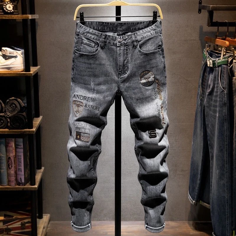 

2025 Spring Embroidery Slim Jeans Trousers Men's Fashion Stretch Pants With Small Feet Rinsing Casual Sport Pant Men Cargo Pants