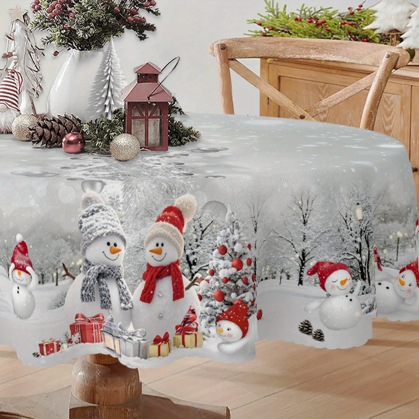 One piece of festive Christmas snowman tablecloth, Christmas holiday decoration, winter decoration, polyester round shape