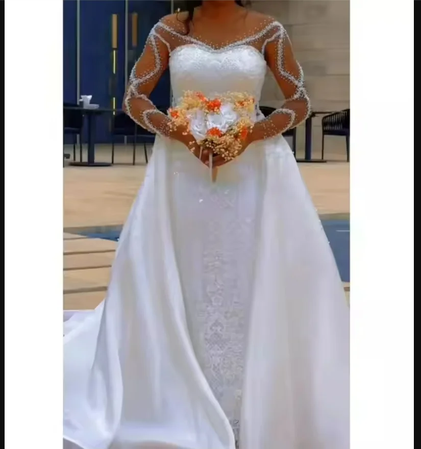 

Customized Sheer Neck Sparkly Crystals Beads Mermaid Wedding Dress with Removable Skirt Robe De Mariée Long Sleeve Bridal Gown
