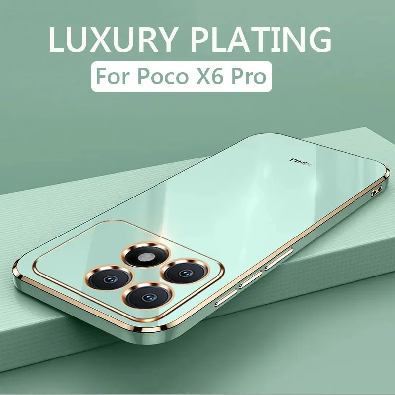 Funda Luxury Square Plating Phone Case The On For Xiaomi Poco X6 Pro PocoX6 Pro 5G Protect ShockProof Soft Silicone Back Cover