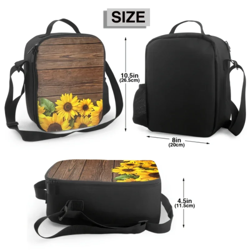 Sunflowers on Wood Insulated Lunch Box Portable Lunch Bags with Adjustable Shoulder Strap Reusable Cooler Tote Bag for Picnic