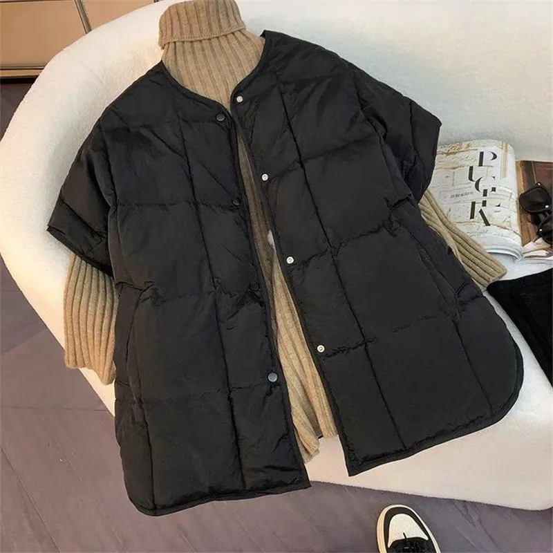 صدرية كلاسيكية للنساء لخريف وشتاء موضة جديدة سترة بأكمام قصيرة ورقبة على شكل حرف v إضافة سترة قطنية ملابس علوية فضفاضة غير رسمية للسيدات