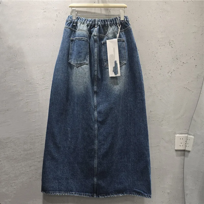 Irregular Splicing Split Women Denim Skirt 2026 New Autumn All-match Beading Elastic High Waist Mid-length A-line Overskirt