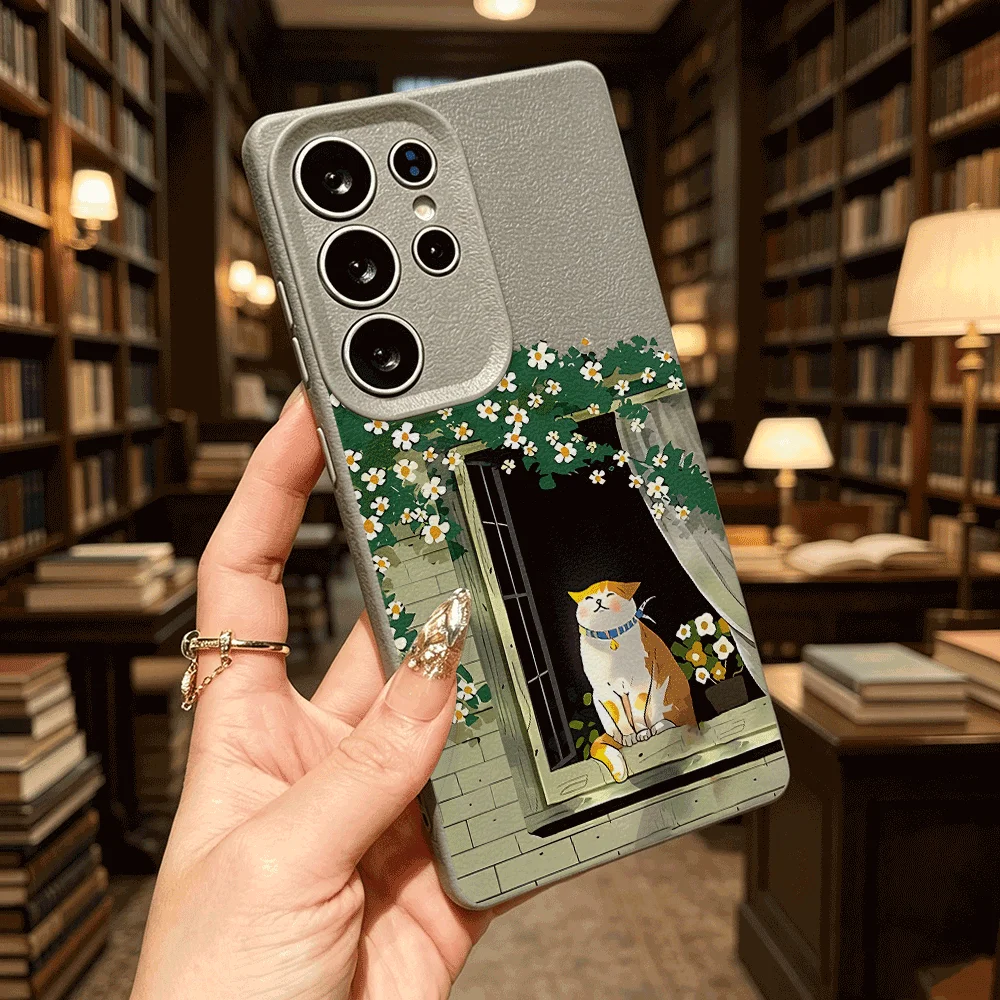 Cat on Window with Flowers Faux Leather Soft TPU Shockproof Case For Samsung S Ultra FE A Series Anti Scratch Slim Cover