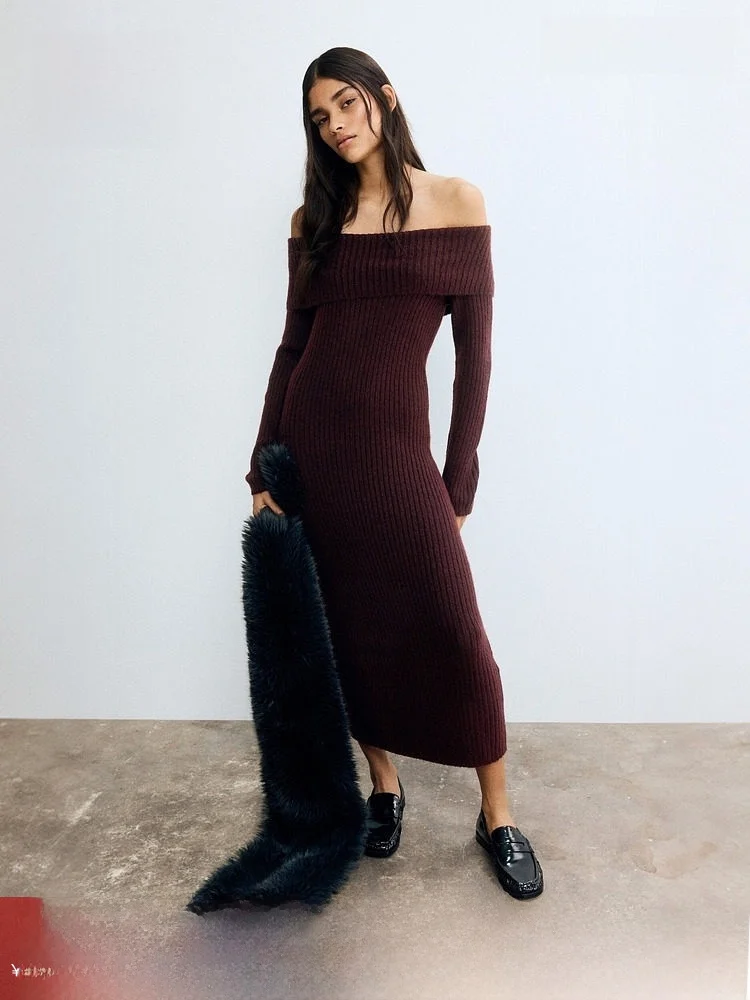 

Ele Knitted oulder Bared Aosphere Dr Women's Faion Spring Ribbed Long Sve Slim Fit Daily Wear H&M Dr