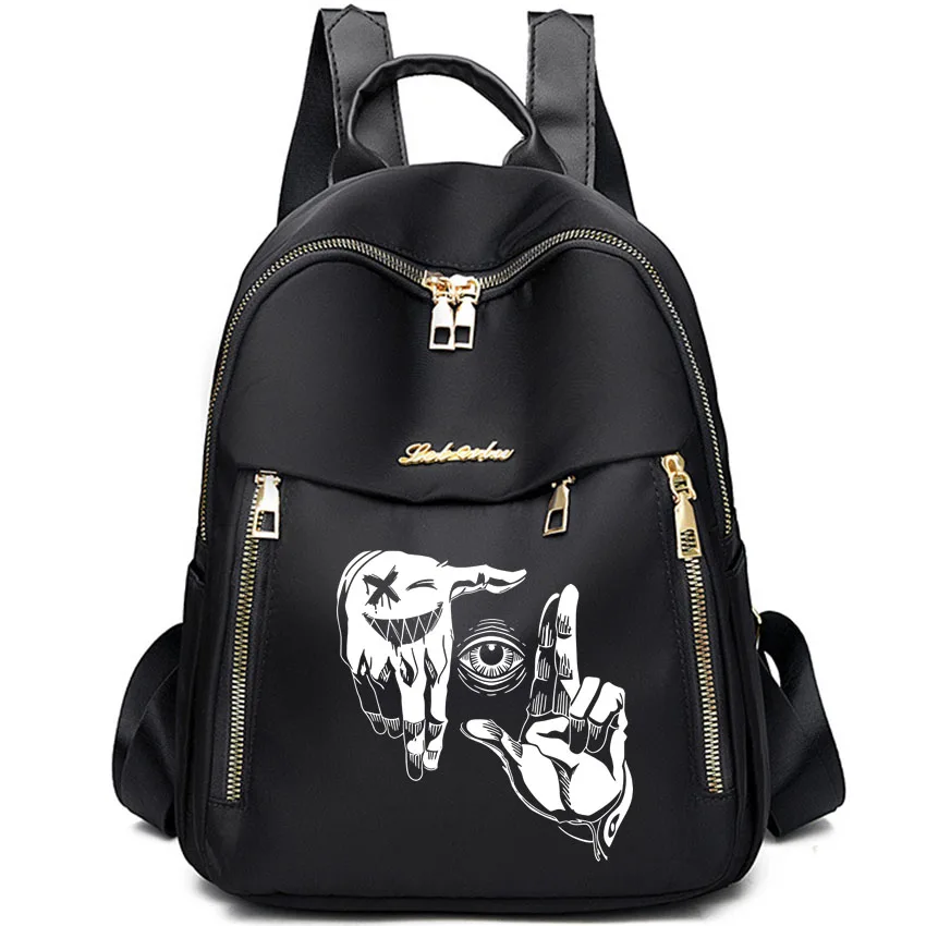 

S Women Backpack Travel Casual Waterproof Oxford Shoulder Bags Gesture eyes Print Female Handbag Girl Rucksack Black School Pack