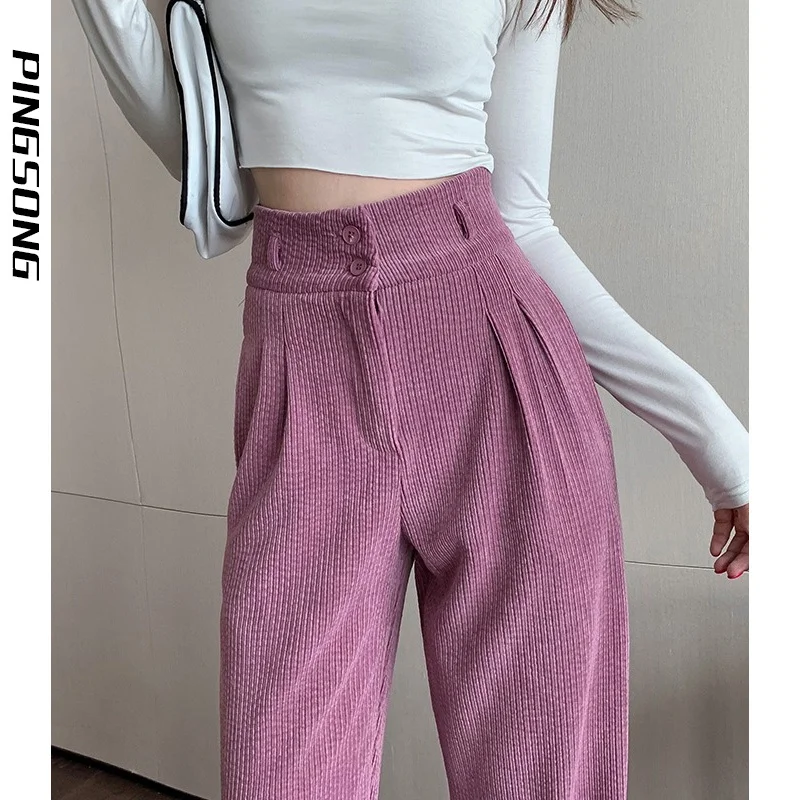 

High Waist Straight Casual Pants For Women Autumn Winter Pink White Sold Color Retro Loose Thin Corduroy Wide Leg Pants