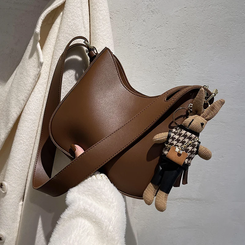 

Fashionable Women's Bucket Bag Slant Cross Single Shoulder Bag Quality PU Leather Korean Style Leisure Pure Color Soft Bag