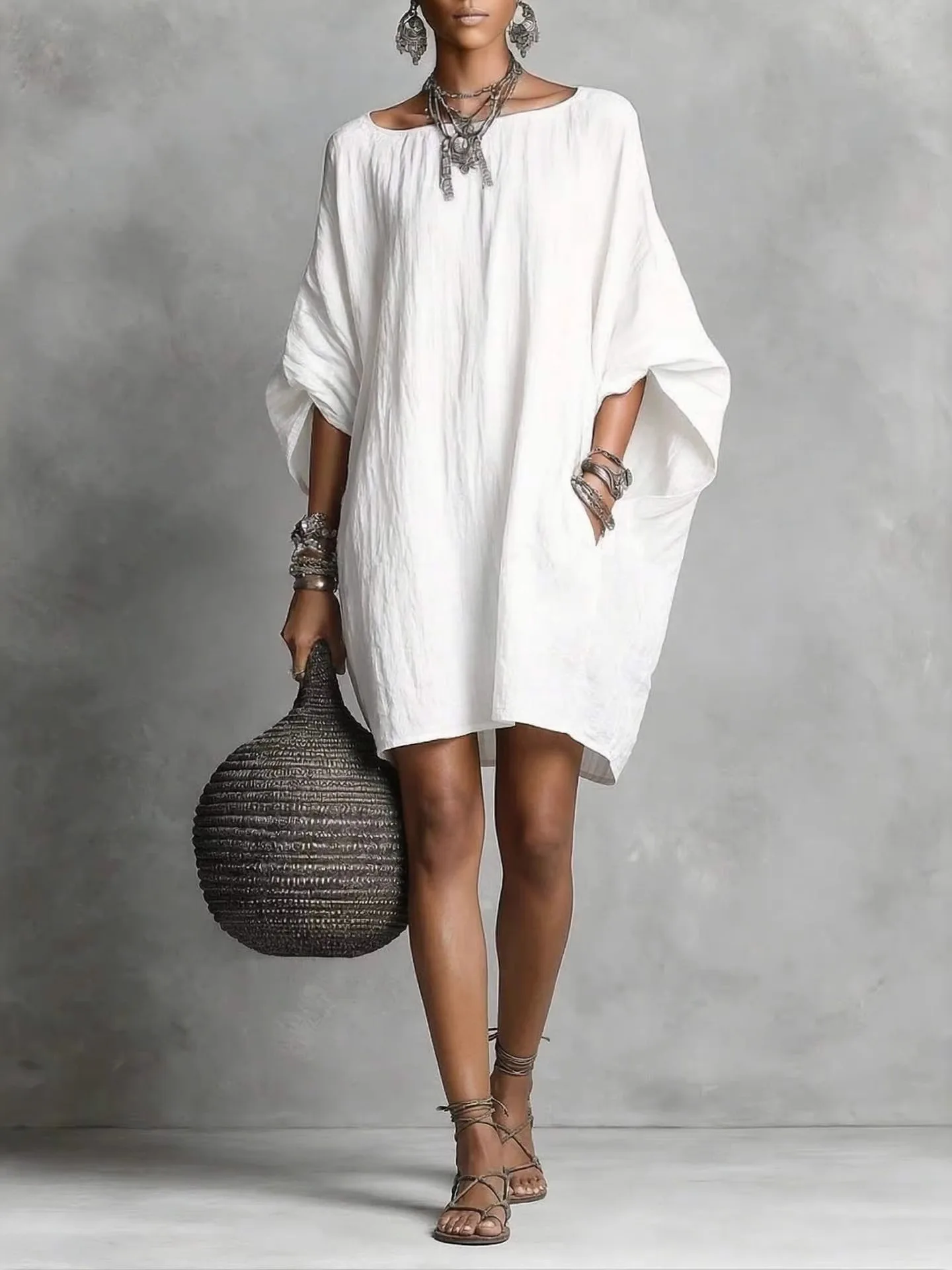 

Casual Fashion Batwing Sleeve Loose Dress Lantern Skirt round Neck Mid-length Spring Summer Polyester Fiber Women's Dress
