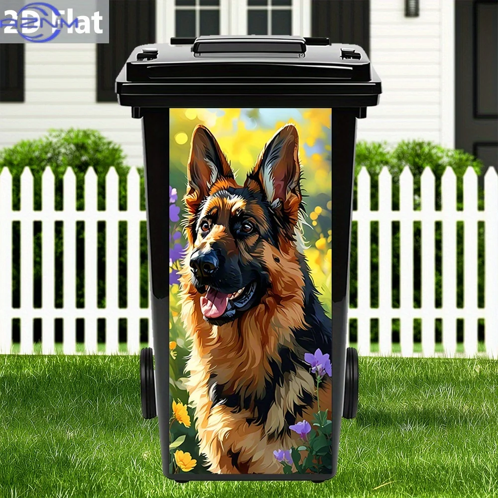 1pc 2D Flat Side View German Shepherd in Flowers PVC Trash Can Sticker, Waterproof & Removable, Suitable for Bin Decor, Wall A