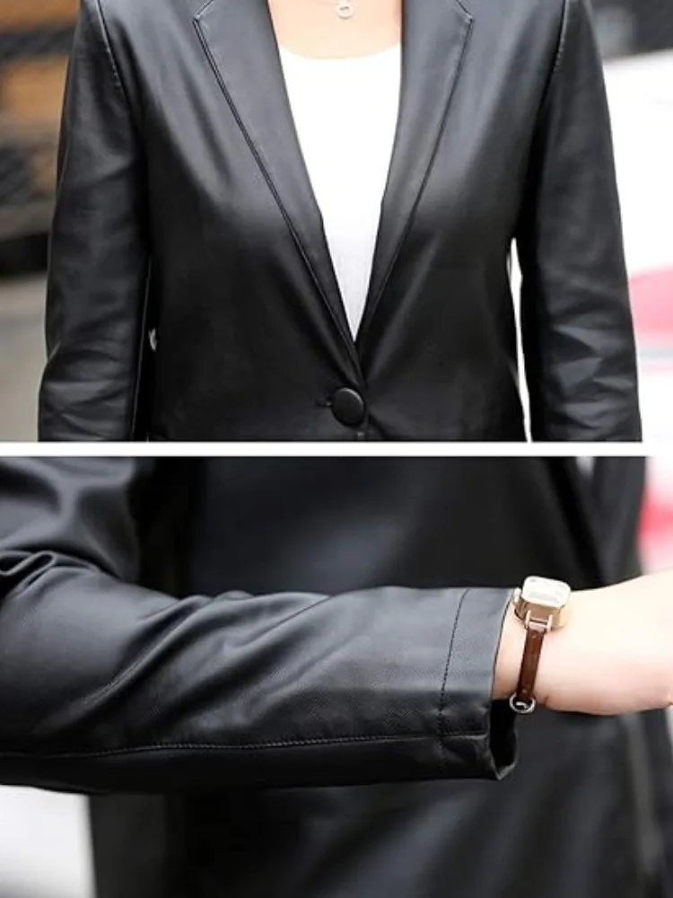 الربيع والخريف المرأة الجديدة البدلة الجلدية طوق معطف سترة بو منتصف طول سترة واقية من الجلد سليم عادية