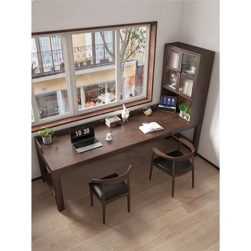 Solid wood desk, bookcase integrated against the wall, home window office