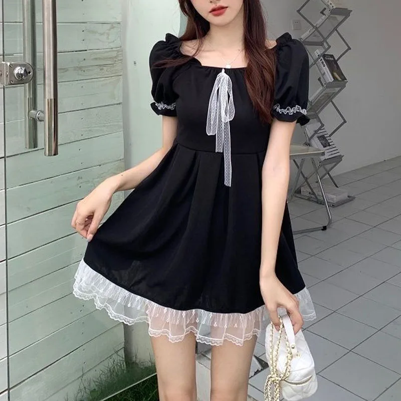 Lolita Sweet 2024 Summer New Women\'s Minimalist Square Collar Lacing Spliced Lace Puff Sleeve Fashion Slim Chic A-Line Dress