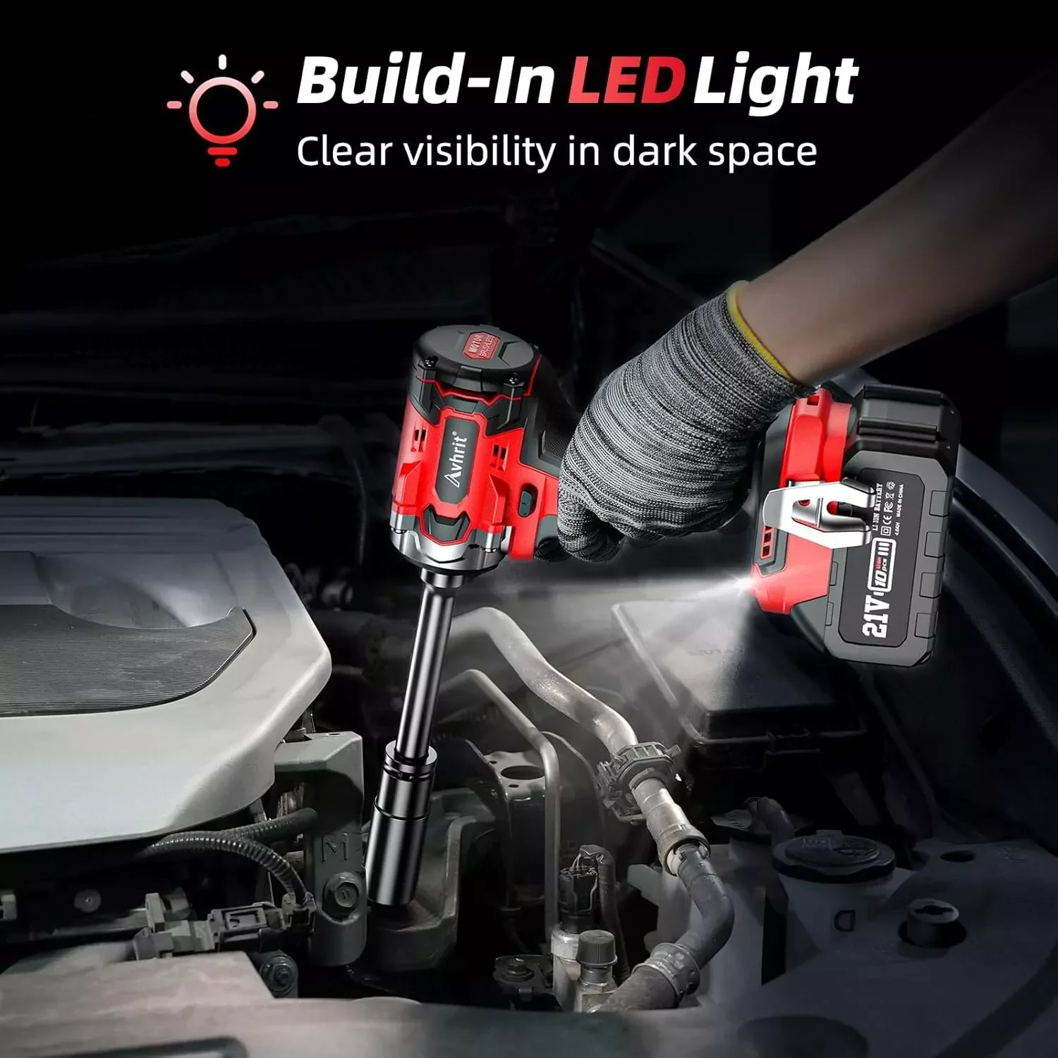 Avhrit Avvitatore a percussione a batteria senza spazzole da 3/8" 330Ft-lbs (450N.m) con batteria da 4,0 Ah, kit di utensili elettrici compatti con 5 prese e custodia (AT450)