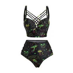 Maillot de bain deux pièces imprimé crâne entrecroisé, galAct, bretelles spaghetti réglables, triangle astronomique