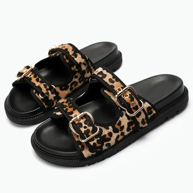 High Quality Leopard Metal Buckle Design Women Slippers Sexy Comfort Non Slip Slide Sandals Summer Size 43 Platform Flip Flops