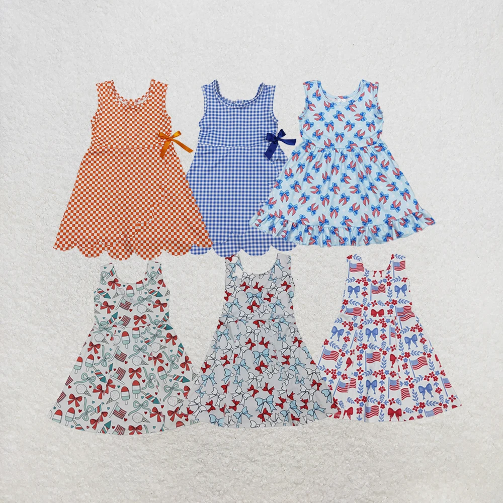 Vestido corto hasta la rodilla con estampado de banderas de flores del 4 de julio para bebés y niñas, ideal para yoga y actividades.