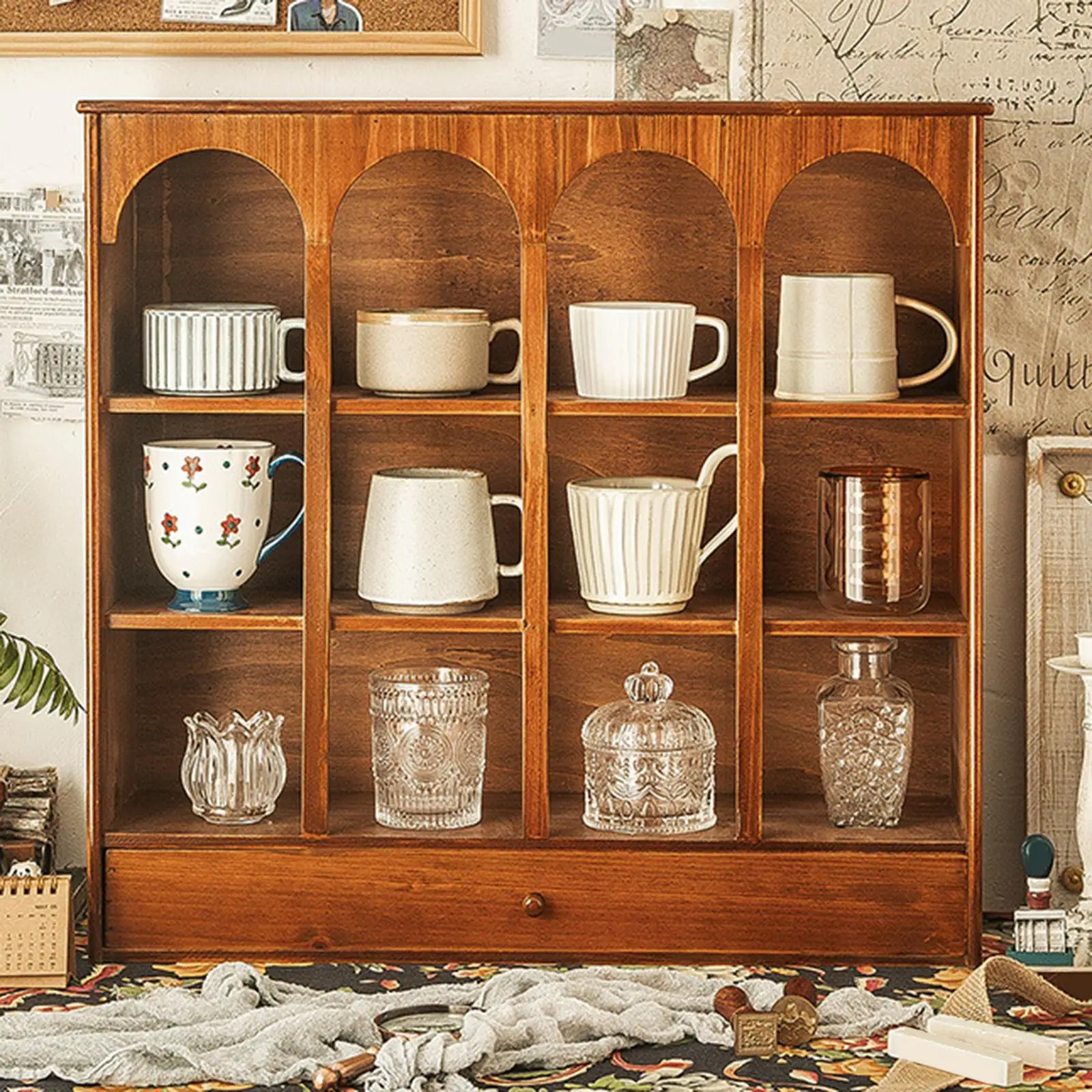 

Vintage Countertop Cabinet Wood Organizer Shelf Decorative Multipurpose Desktop Display Display Case for Bedroom Countertops