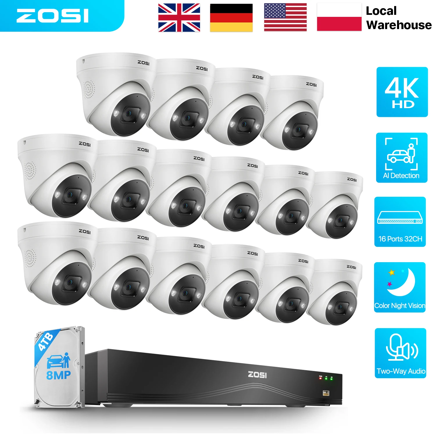 ZOSI 4K PoE CCTV Camera Full System Kit 16 Port 32CH Dual-Disk NVR 2-Way Audio 8MP Video Surveillance Home Business Security Indoor Outdoor
