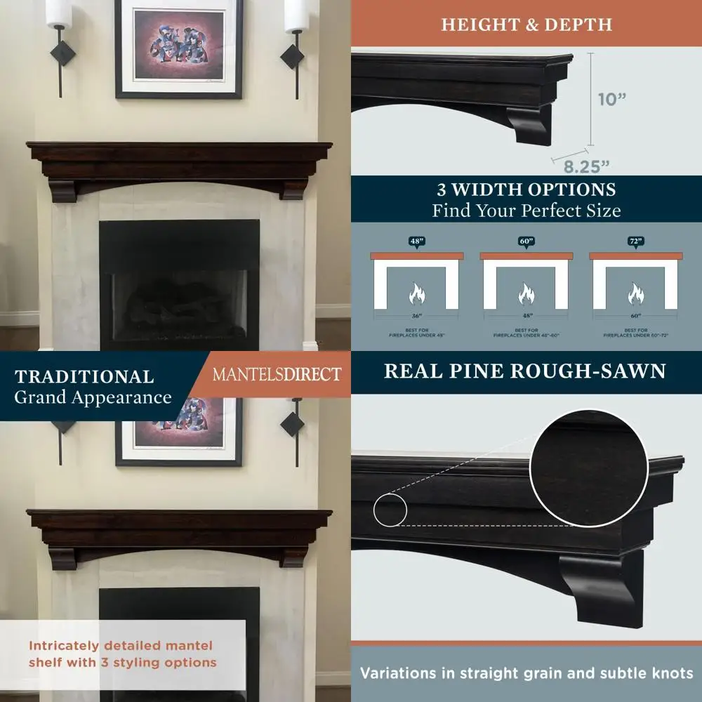 

Espresso 72 Rustic Wooden Wall Shelf with Arched Corbels | Premium Wood Mantel Shelf