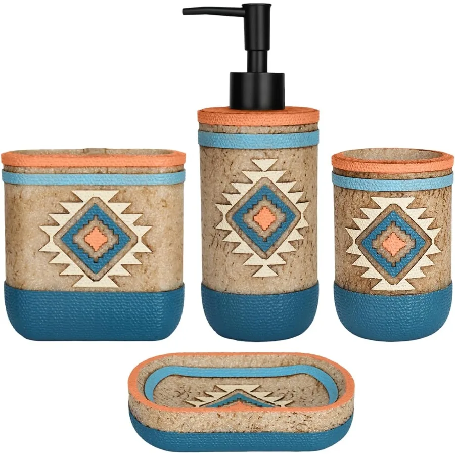 

Bathroom Accessories Set 4PCS Complete Southwest Pattern Design with Lotion Dispenser Toothbrush Holder Tumbler and Soap Dish f