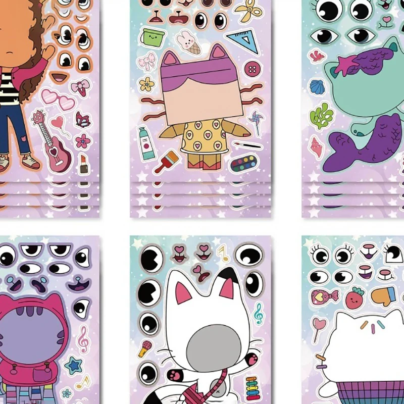 6 hojas de pegatinas de rompecabezas para casa de muñecas de Gabby, libro mayor de rompecabezas interactivo de dibujos animados para padres e hijos, pegatinas faciales DIY