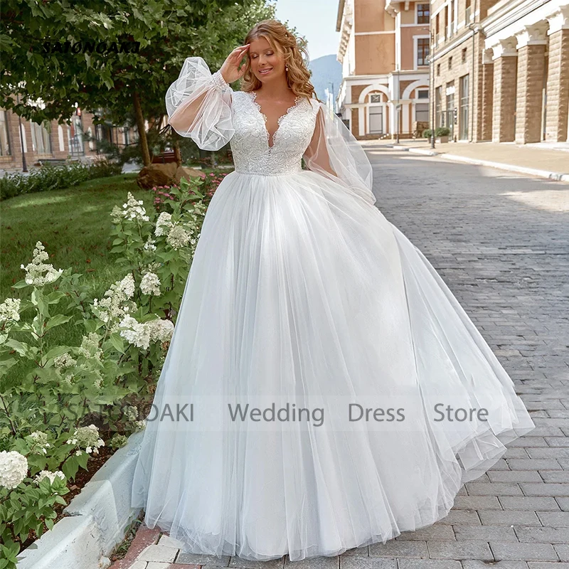 

Customized Vestidos De Noiva Elegant Plus Size Wedding Dress for Bride Lace Appliques V-Neck Puff Sleeves Bride Gown Robe Mariée